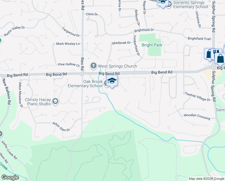 map of restaurants, bars, coffee shops, grocery stores, and more near 510 Big Bend Road in Ballwin