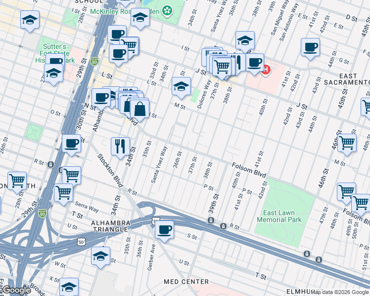 map of restaurants, bars, coffee shops, grocery stores, and more near 1425 36th Street in Sacramento