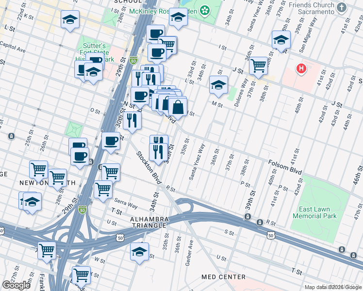 map of restaurants, bars, coffee shops, grocery stores, and more near 1491 34th Street in Sacramento