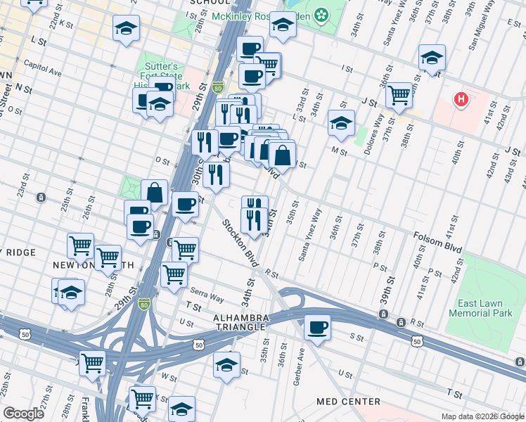 map of restaurants, bars, coffee shops, grocery stores, and more near 1509 32nd Street in Sacramento