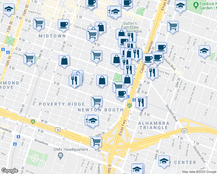 map of restaurants, bars, coffee shops, grocery stores, and more near 2616 Q Street in Sacramento