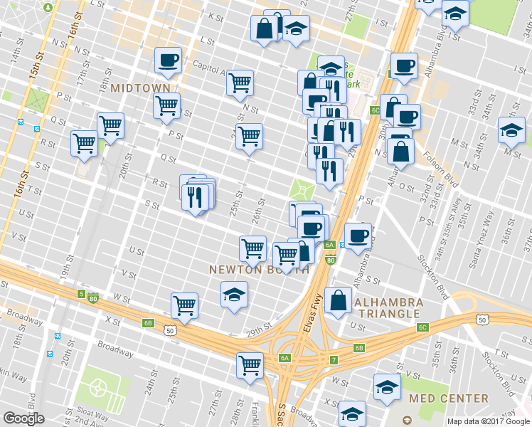 map of restaurants, bars, coffee shops, grocery stores, and more near 2616 Q Street in Sacramento