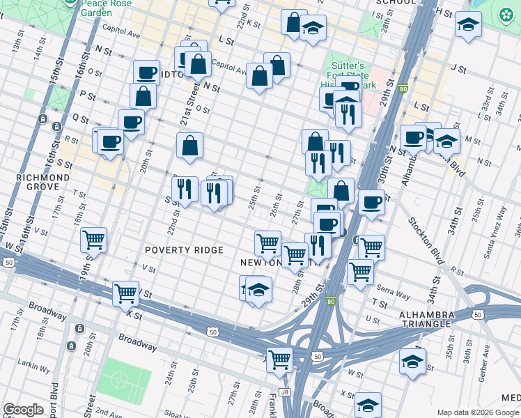 map of restaurants, bars, coffee shops, grocery stores, and more near in Sacramento