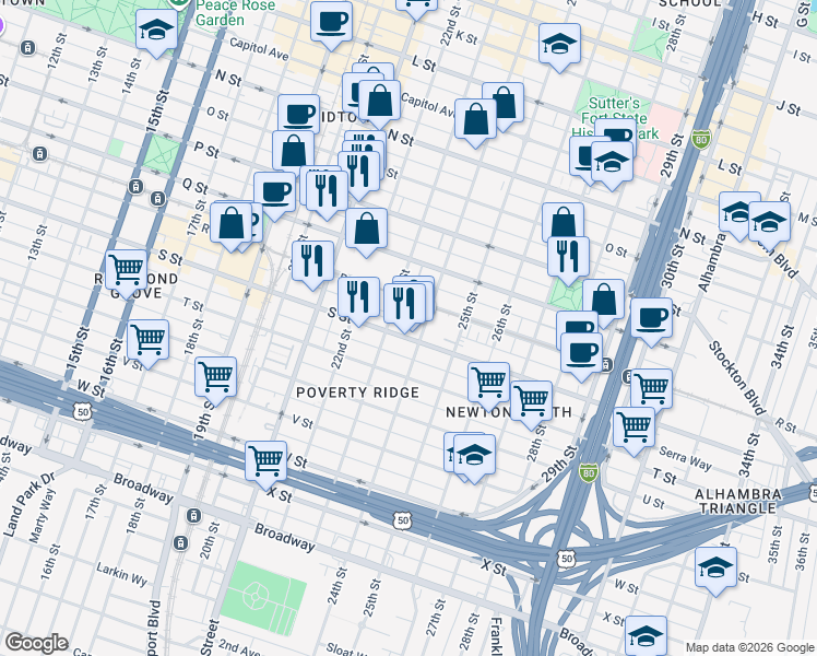 map of restaurants, bars, coffee shops, grocery stores, and more near in Sacramento