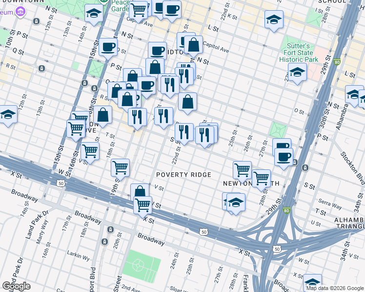 map of restaurants, bars, coffee shops, grocery stores, and more near 2117 S Street in Sacramento