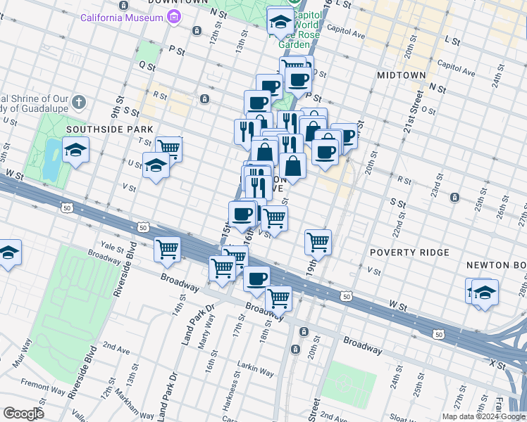 map of restaurants, bars, coffee shops, grocery stores, and more near 1614 T Street in Sacramento