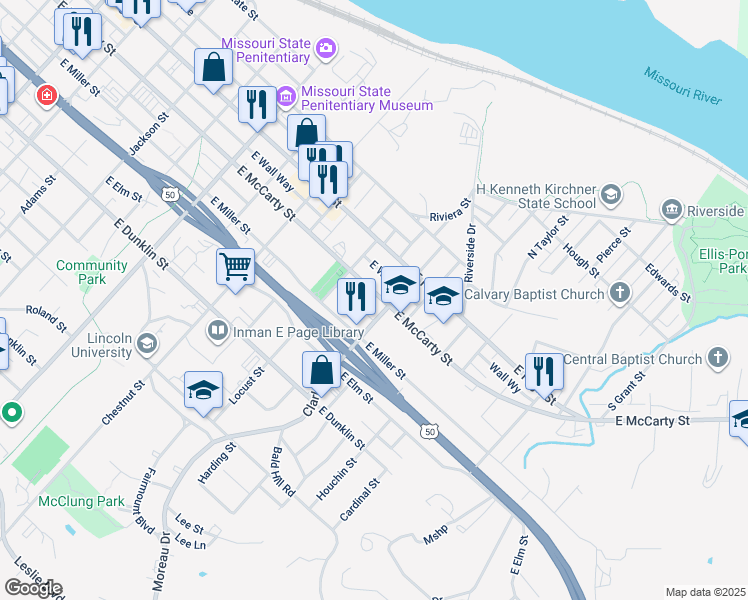 map of restaurants, bars, coffee shops, grocery stores, and more near 1113 East McCarty Street in Jefferson City
