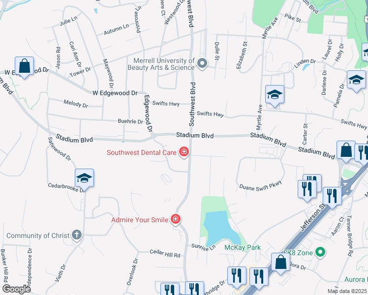 map of restaurants, bars, coffee shops, grocery stores, and more near 1803 Stadium Boulevard in Jefferson City