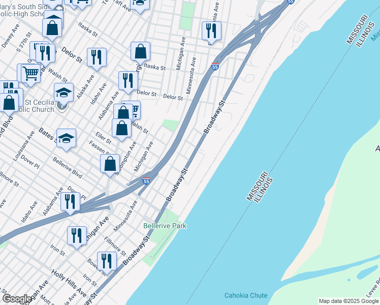map of restaurants, bars, coffee shops, grocery stores, and more near 5115 South Broadway in St. Louis