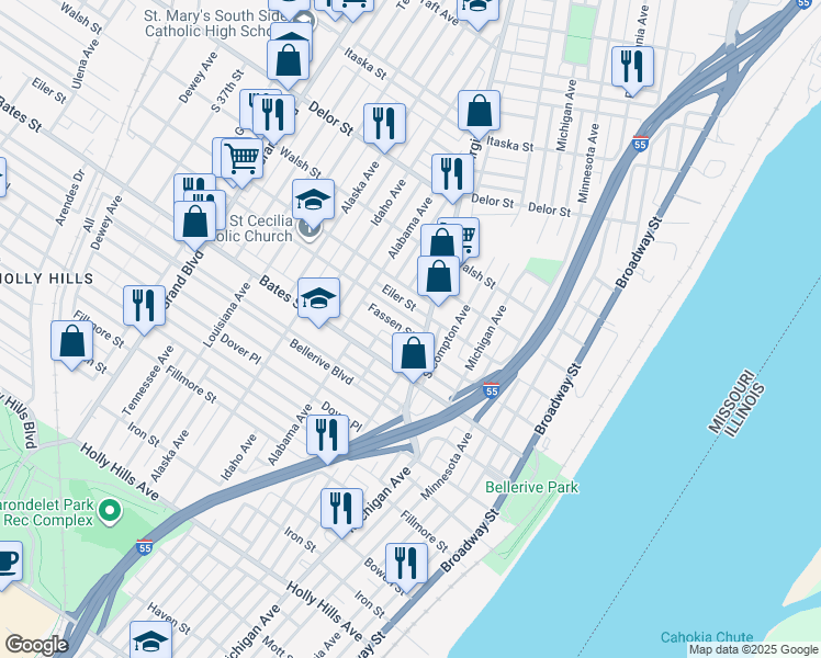map of restaurants, bars, coffee shops, grocery stores, and more near 515 Fassen Street in St. Louis