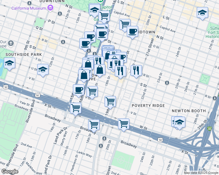map of restaurants, bars, coffee shops, grocery stores, and more near 1808 T Street in Sacramento