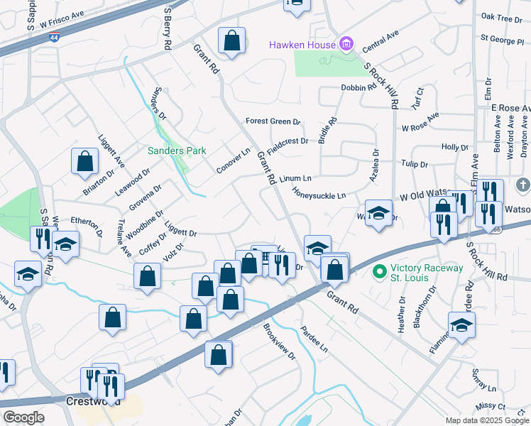 map of restaurants, bars, coffee shops, grocery stores, and more near 1527 Grant Ridge Lane in St. Louis