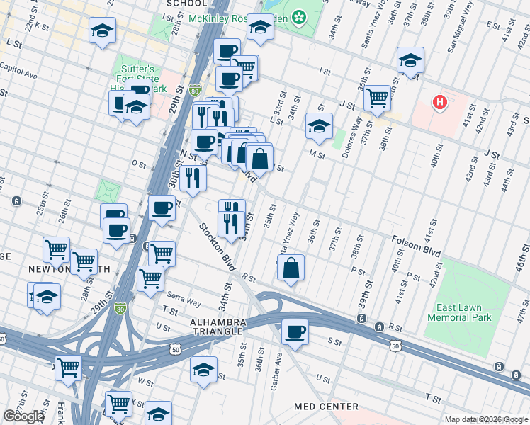 map of restaurants, bars, coffee shops, grocery stores, and more near 1491 34th Street in Sacramento