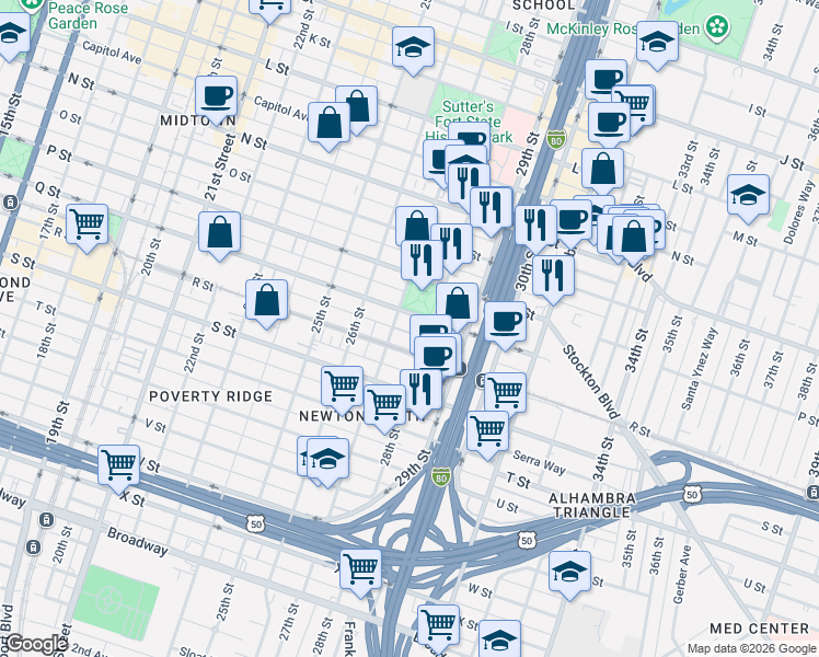 map of restaurants, bars, coffee shops, grocery stores, and more near 1616 28th Street in Sacramento