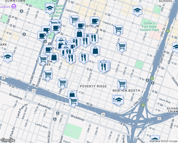 map of restaurants, bars, coffee shops, grocery stores, and more near 2117 S Street in Sacramento