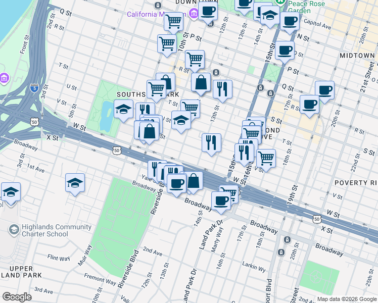map of restaurants, bars, coffee shops, grocery stores, and more near 1221 V Street in Sacramento