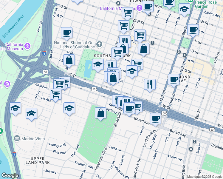 map of restaurants, bars, coffee shops, grocery stores, and more near 2220 10th Street in Sacramento