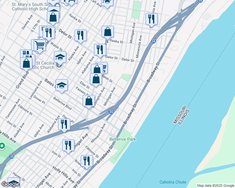 map of restaurants, bars, coffee shops, grocery stores, and more near 411 Eichelberger Street in St. Louis