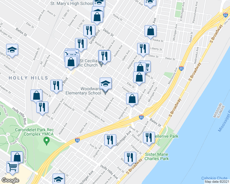 map of restaurants, bars, coffee shops, grocery stores, and more near 5457 Alabama Avenue in St. Louis
