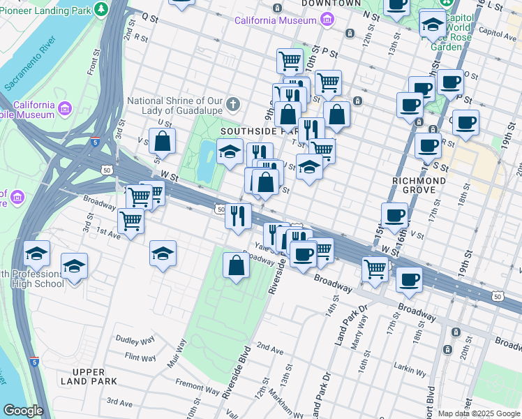 map of restaurants, bars, coffee shops, grocery stores, and more near 2320 10th Street in Sacramento