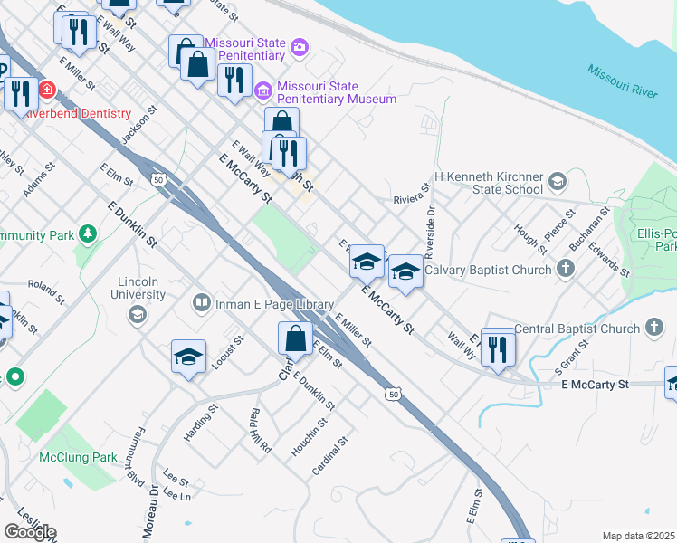 map of restaurants, bars, coffee shops, grocery stores, and more near 1113 East McCarty Street in Jefferson City