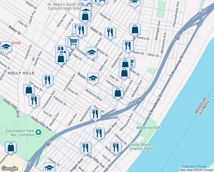 map of restaurants, bars, coffee shops, grocery stores, and more near 607 Fassen Street in St. Louis