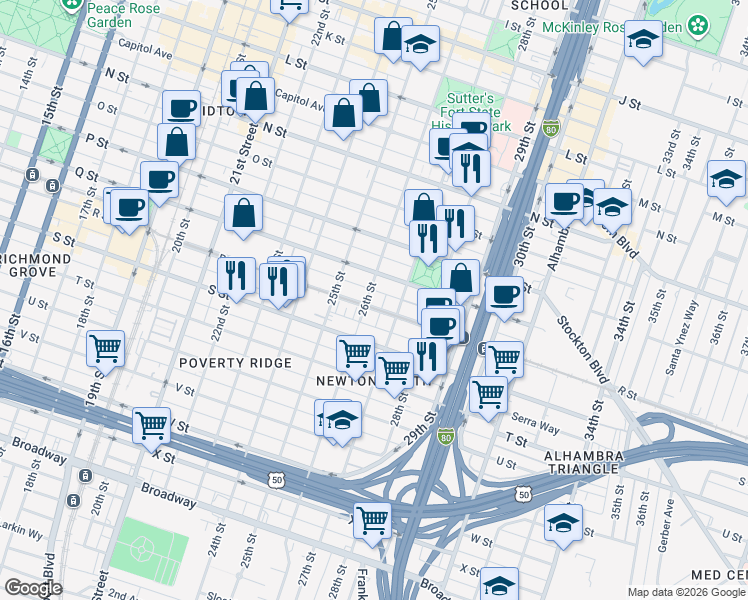 map of restaurants, bars, coffee shops, grocery stores, and more near 1727 26th Street in Sacramento
