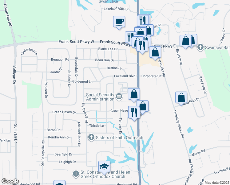 map of restaurants, bars, coffee shops, grocery stores, and more near 34 Village Drive in Swansea