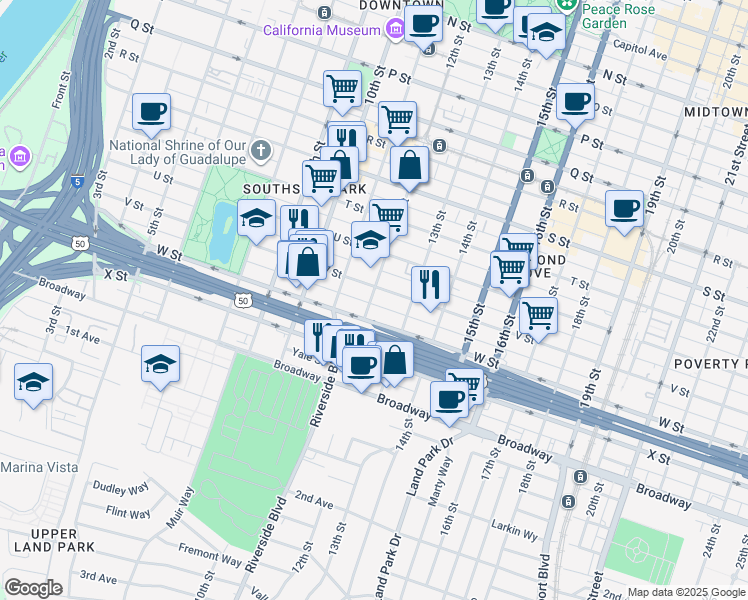 map of restaurants, bars, coffee shops, grocery stores, and more near 1120 V Street in Sacramento