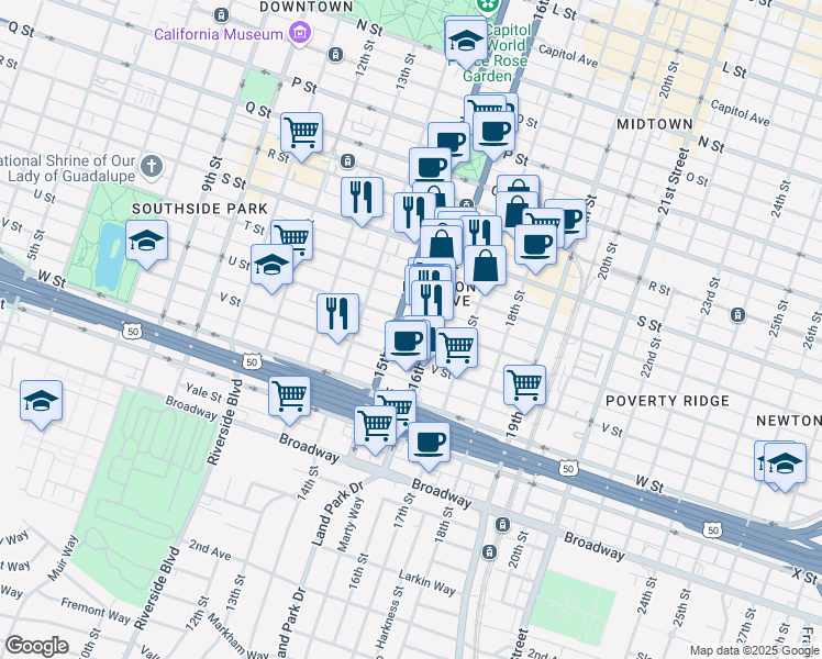 map of restaurants, bars, coffee shops, grocery stores, and more near 1514 U Street in Sacramento