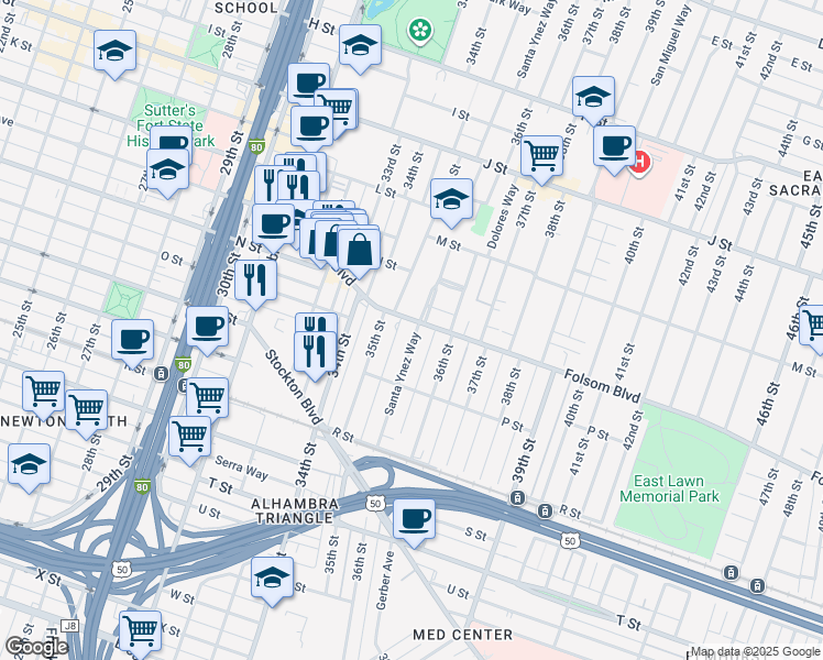 map of restaurants, bars, coffee shops, grocery stores, and more near 3429 Folsom Boulevard in Sacramento