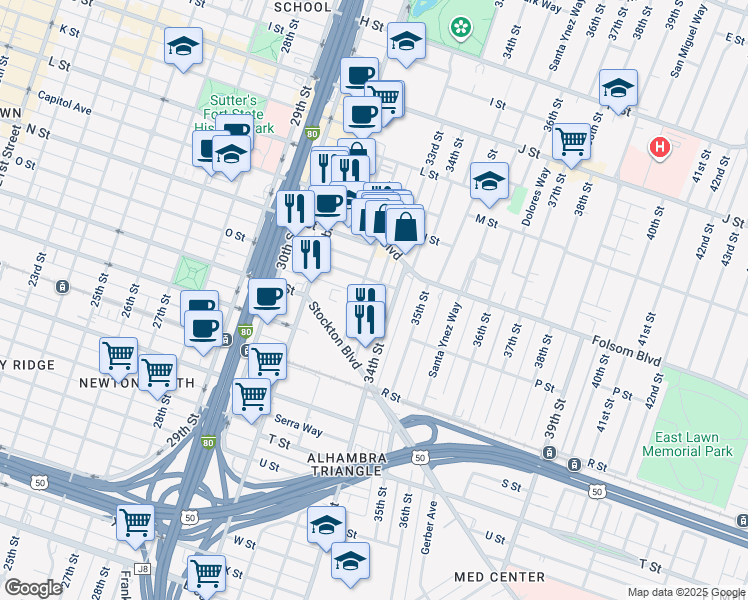 map of restaurants, bars, coffee shops, grocery stores, and more near 1509 32nd Street in Sacramento