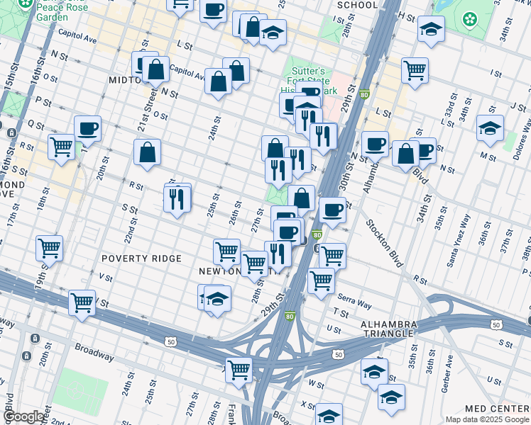map of restaurants, bars, coffee shops, grocery stores, and more near 2616 Q Street in Sacramento