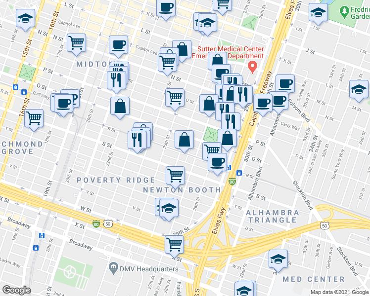 map of restaurants, bars, coffee shops, grocery stores, and more near in Sacramento