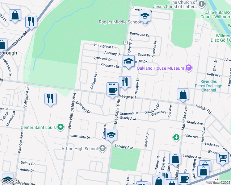 map of restaurants, bars, coffee shops, grocery stores, and more near 6300 Ashwell Drive in St. Louis