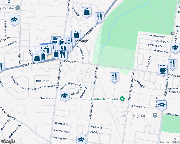 map of restaurants, bars, coffee shops, grocery stores, and more near 6939 Creekview Trail in St. Louis