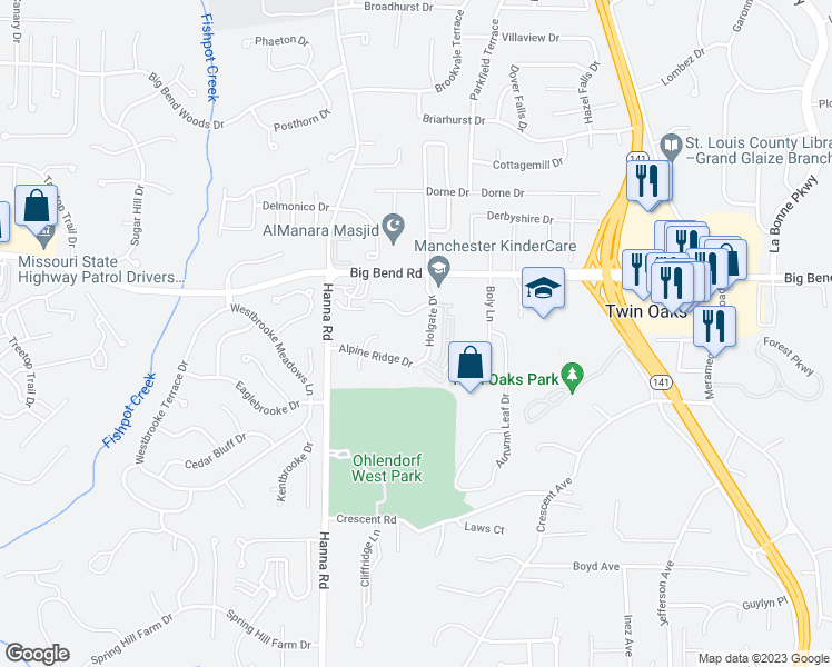 map of restaurants, bars, coffee shops, grocery stores, and more near 1324 Holgate Drive in Ballwin