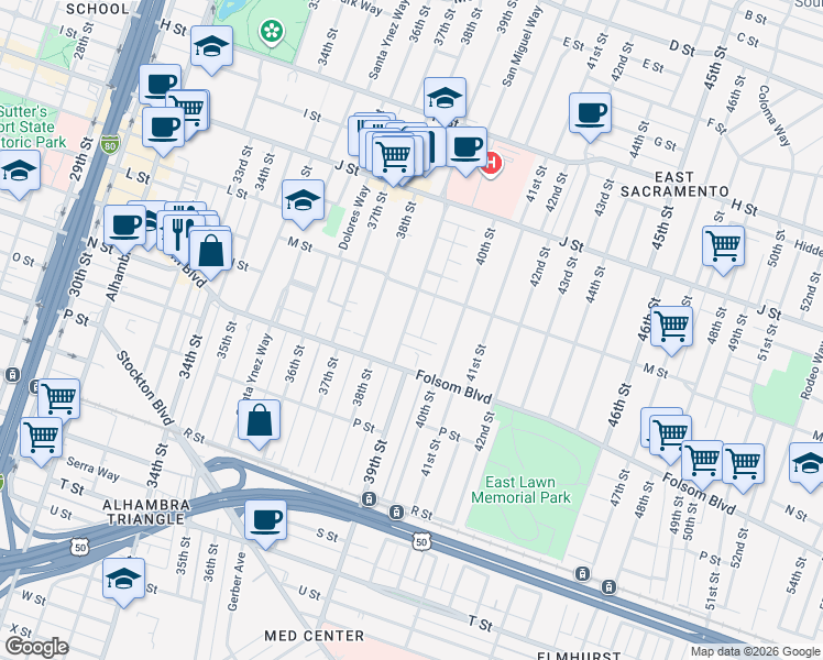 map of restaurants, bars, coffee shops, grocery stores, and more near 1355 39th Street in Sacramento