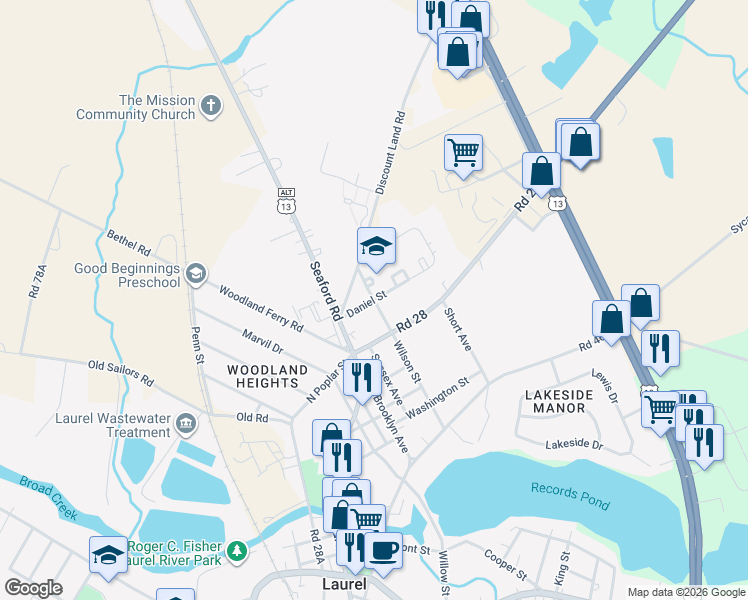 map of restaurants, bars, coffee shops, grocery stores, and more near 300 Wilson Street in Laurel