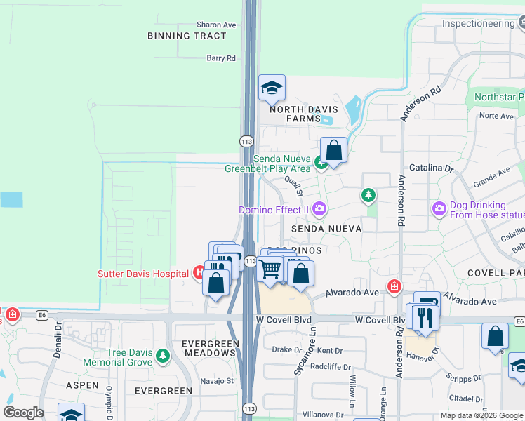 map of restaurants, bars, coffee shops, grocery stores, and more near 2689 Sycamore Lane in Davis