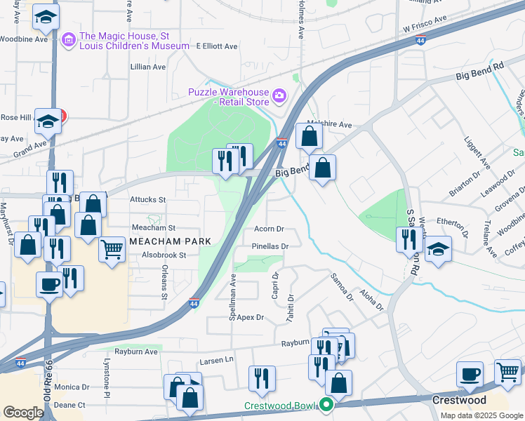 map of restaurants, bars, coffee shops, grocery stores, and more near 1035 Ponderosa Drive in St. Louis