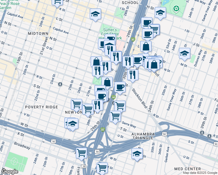 map of restaurants, bars, coffee shops, grocery stores, and more near 2820 P Street in Sacramento