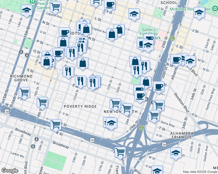 map of restaurants, bars, coffee shops, grocery stores, and more near 1922 25th Street in Sacramento