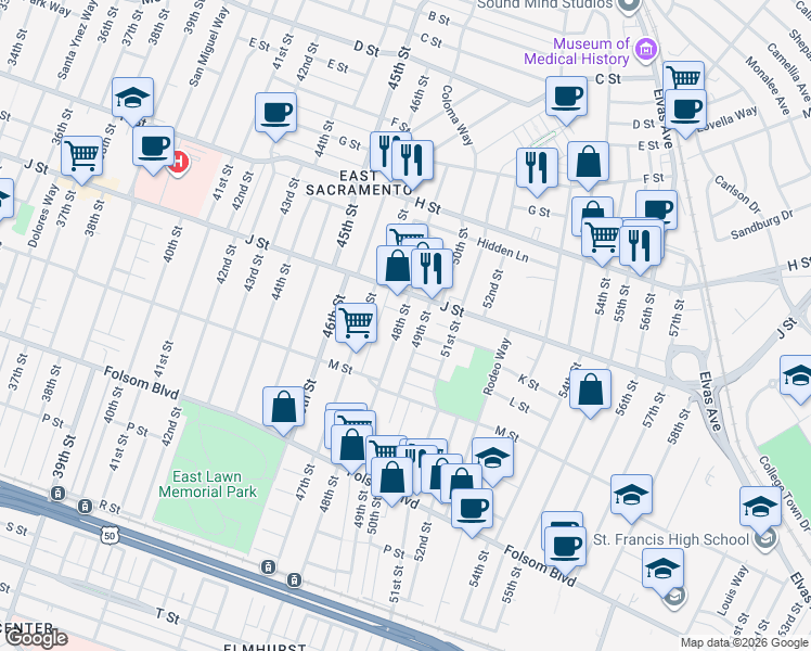 map of restaurants, bars, coffee shops, grocery stores, and more near in Sacramento