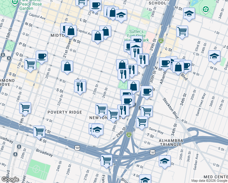 map of restaurants, bars, coffee shops, grocery stores, and more near 2616 Q Street in Sacramento