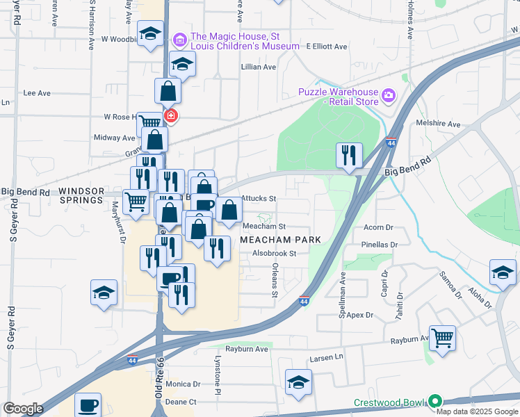 map of restaurants, bars, coffee shops, grocery stores, and more near 336 Attucks Street in Kirkwood