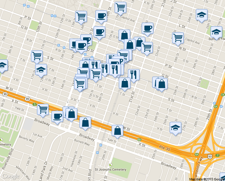 map of restaurants, bars, coffee shops, grocery stores, and more near 1835 T St in Sacramento