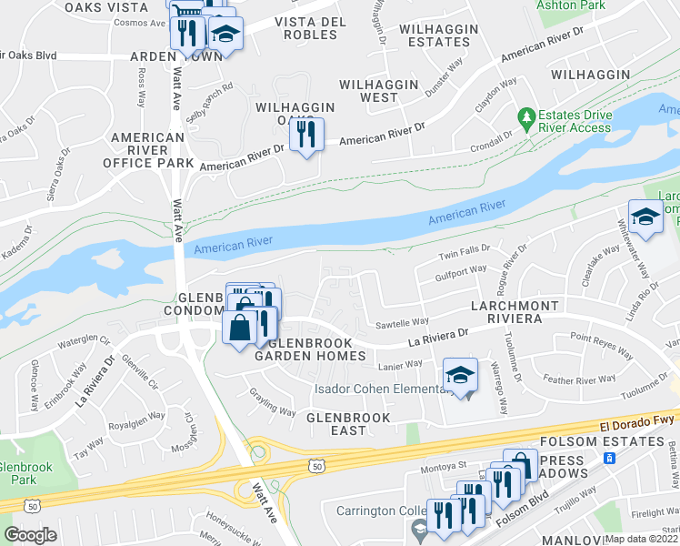 map of restaurants, bars, coffee shops, grocery stores, and more near 8749 Woodman Way in Sacramento