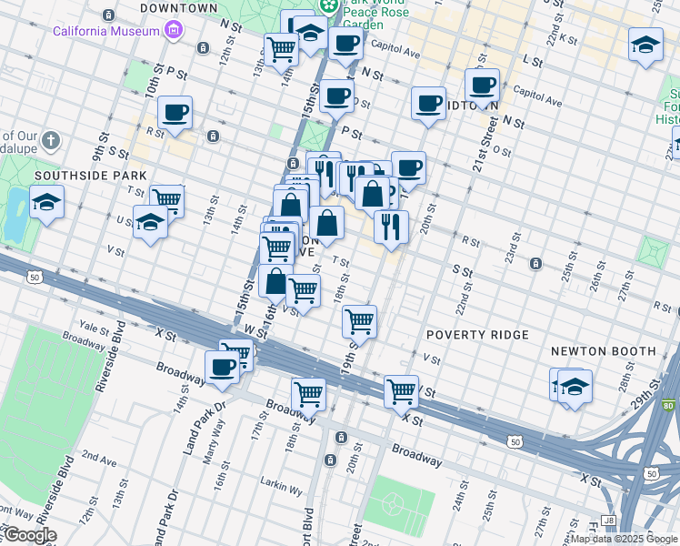 map of restaurants, bars, coffee shops, grocery stores, and more near 1714 T Street in Sacramento