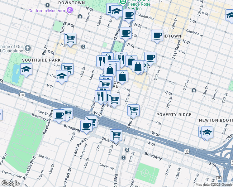 map of restaurants, bars, coffee shops, grocery stores, and more near 1614 T Street in Sacramento